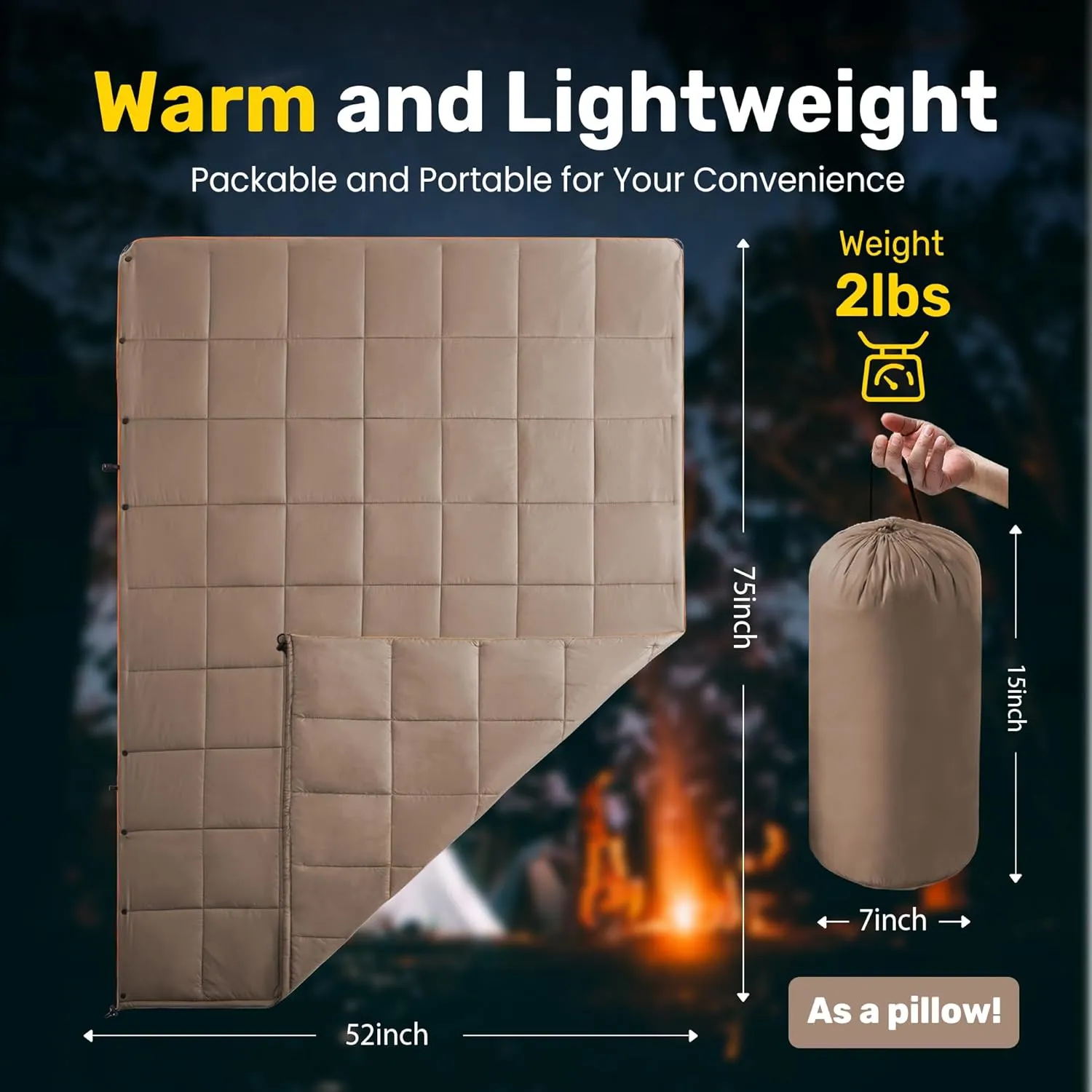 UNIKOME Outdoor Packable Camping Blanket, Lightweight Travel Blanket for Camping, Dual-Sides Puffy Down Alternative Camping Blanket with Snap Clasps, 75"52", Brown