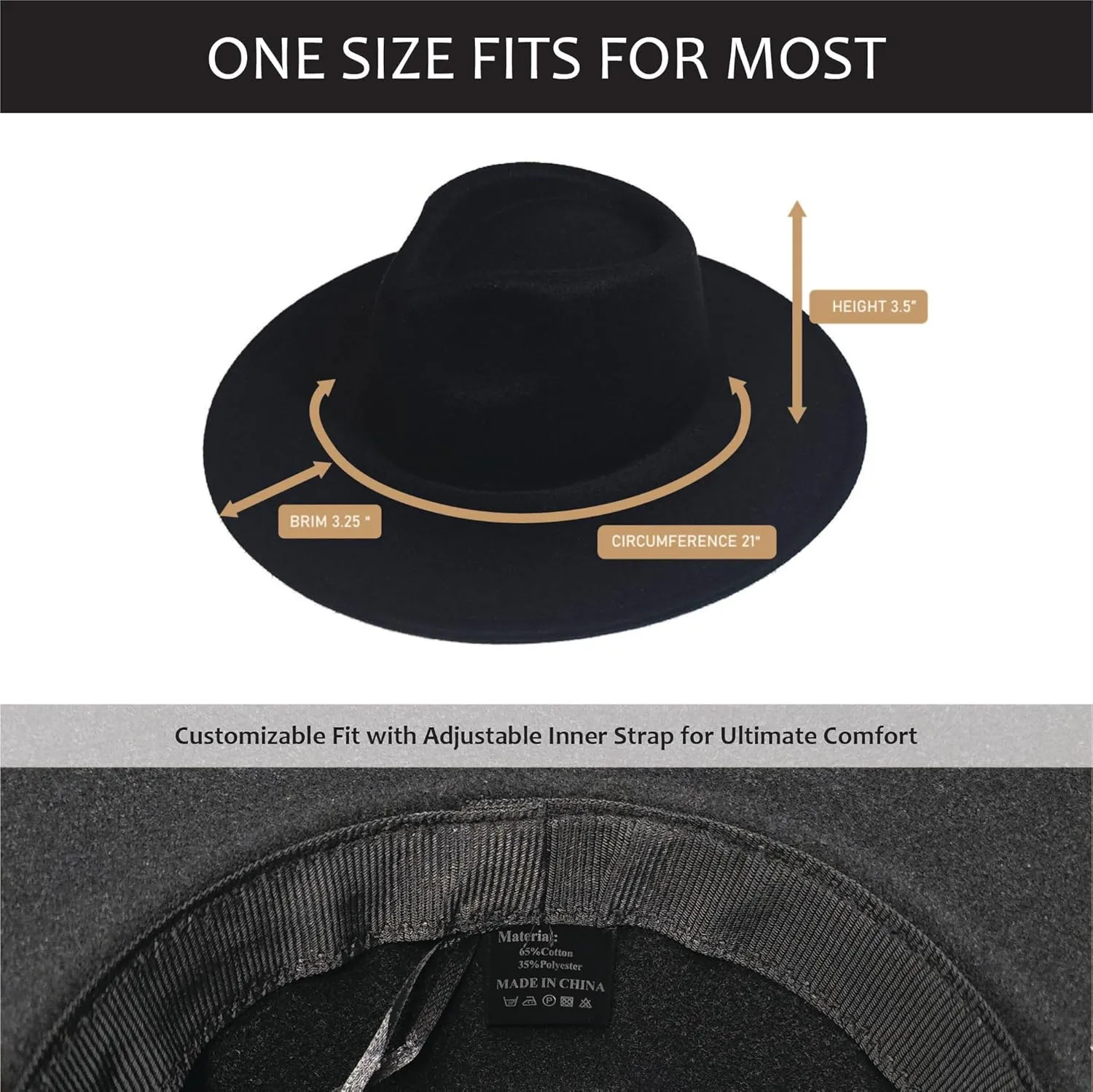 Wide Brim Vegan Felt Rancher Hat - Women, Men, and Kids Fedora Style with Adjustable Inner Drawstring