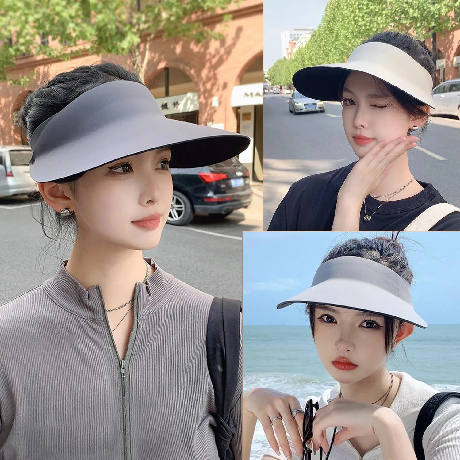 Women Wide Brimmed Non-Trace Ponytail Sunscreen Visor, Foldable Beach Sun Hat with UV Protection for Women Young Girls