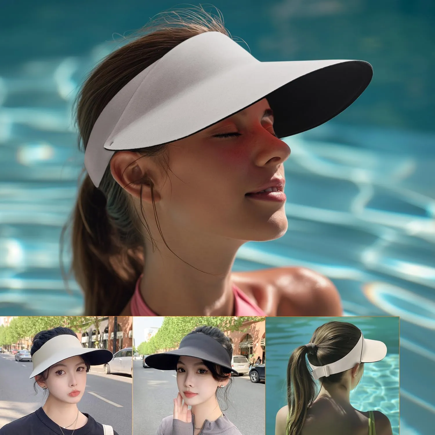 Women Wide Brimmed Non-Trace Ponytail Sunscreen Visor, Foldable Beach Sun Hat with UV Protection for Women Young Girls