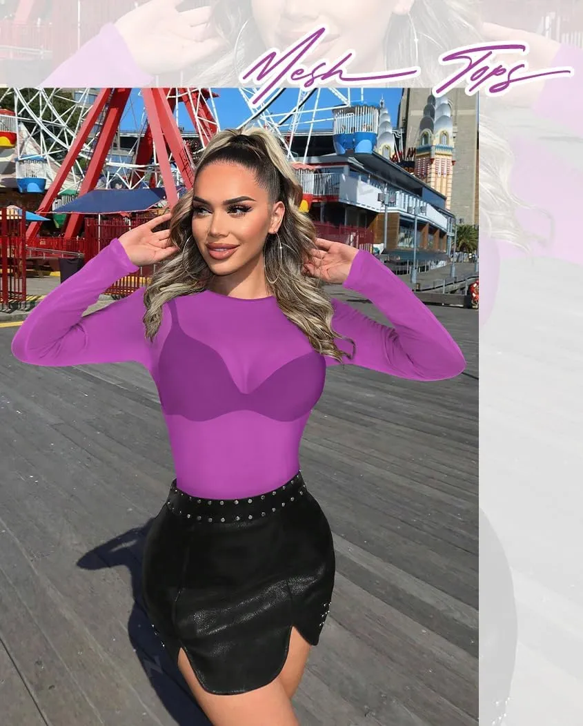 Women's Mesh Tops See Through Shirts Long Sleeve Bodycon Sheer Blouse Clubwear