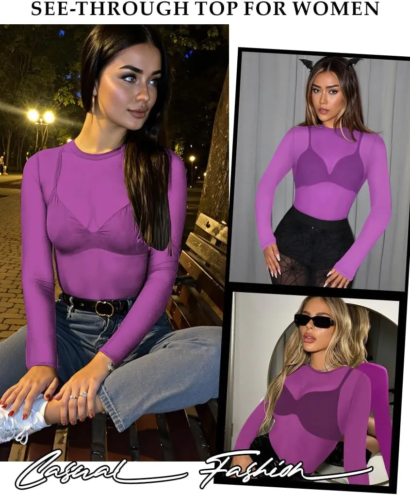 Women's Mesh Tops See Through Shirts Long Sleeve Bodycon Sheer Blouse Clubwear