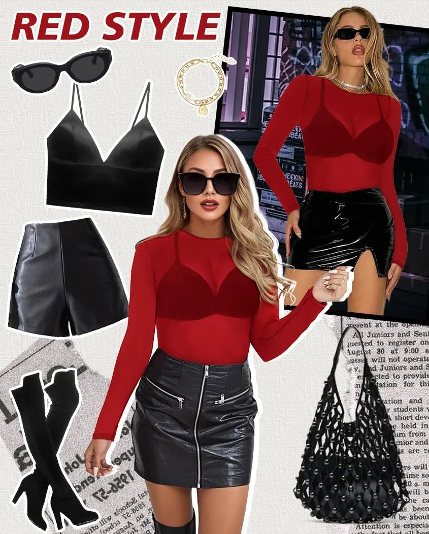 Women's Mesh Tops See Through Shirts Long Sleeve Bodycon Sheer Blouse Clubwear